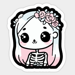 Cute Skeleton Girl with Flowers on Her Hair | Halloween Design in Kawaii Style Sticker